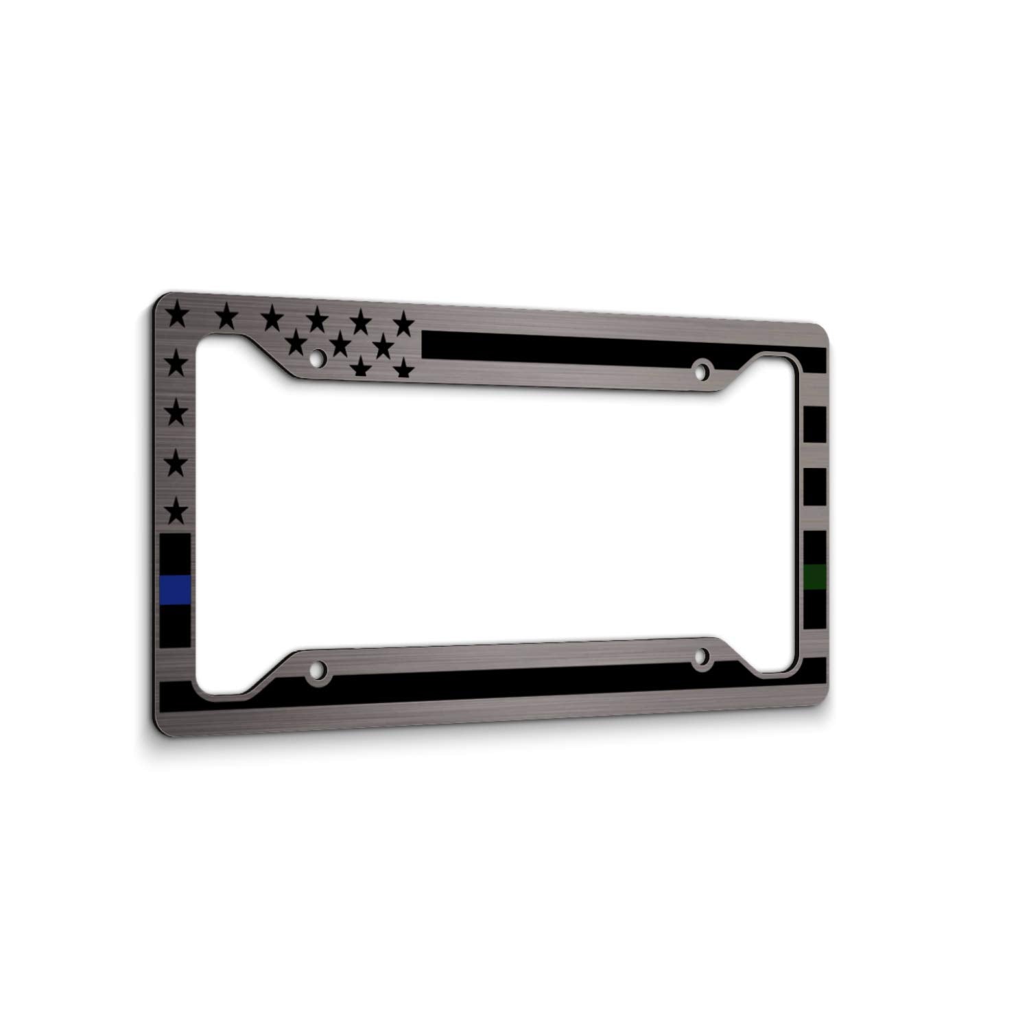 American Flag License Plate Frame - Thin Blue Line Thin Green Line- Car Tag Frame -Blue Green On Brushed Police Miltary Border P