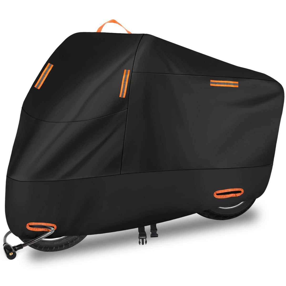 300D Motorcycle Cover Waterproof Outdoor, All Season Motorcycle Covers Heavy Duty Night Reflective with Lock Holes Windproof Str