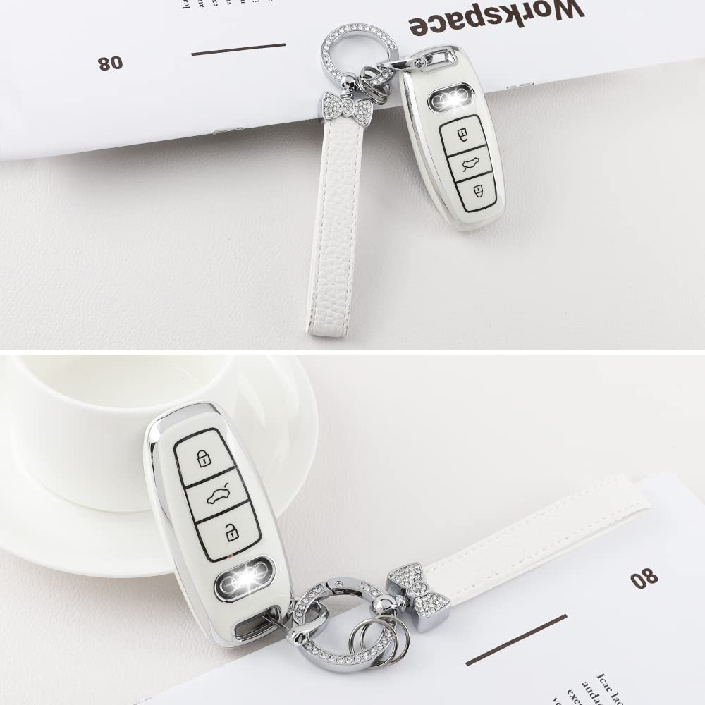 1797 For Audi Key Fob Cover Bling Keychain A6 A7 A8 Q7 Q8 S6 S7 Accessories Car Remote Case Shell Protector Girly Cute 3 Button White Silver Tpu