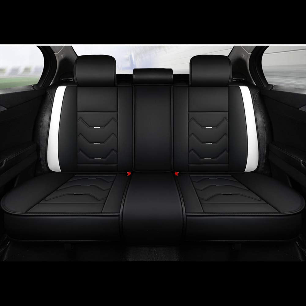 Otoez Universal Leather Car Seat Covers 5 Seat Full Set Automotive Seat Protector Replacement Compatible With Most Honda Toyota Chevy Ford Nissan Vehicles, Trucks, Suvs(White+Black,No Pillows)