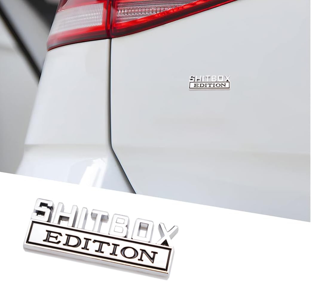 2 Pcs SHITBOX Edition Emblem Car Side Rear Front Hood Trunk Door Badge 3D Decal Sticker for Car Truck SUV (SHITBOX, Silver Black