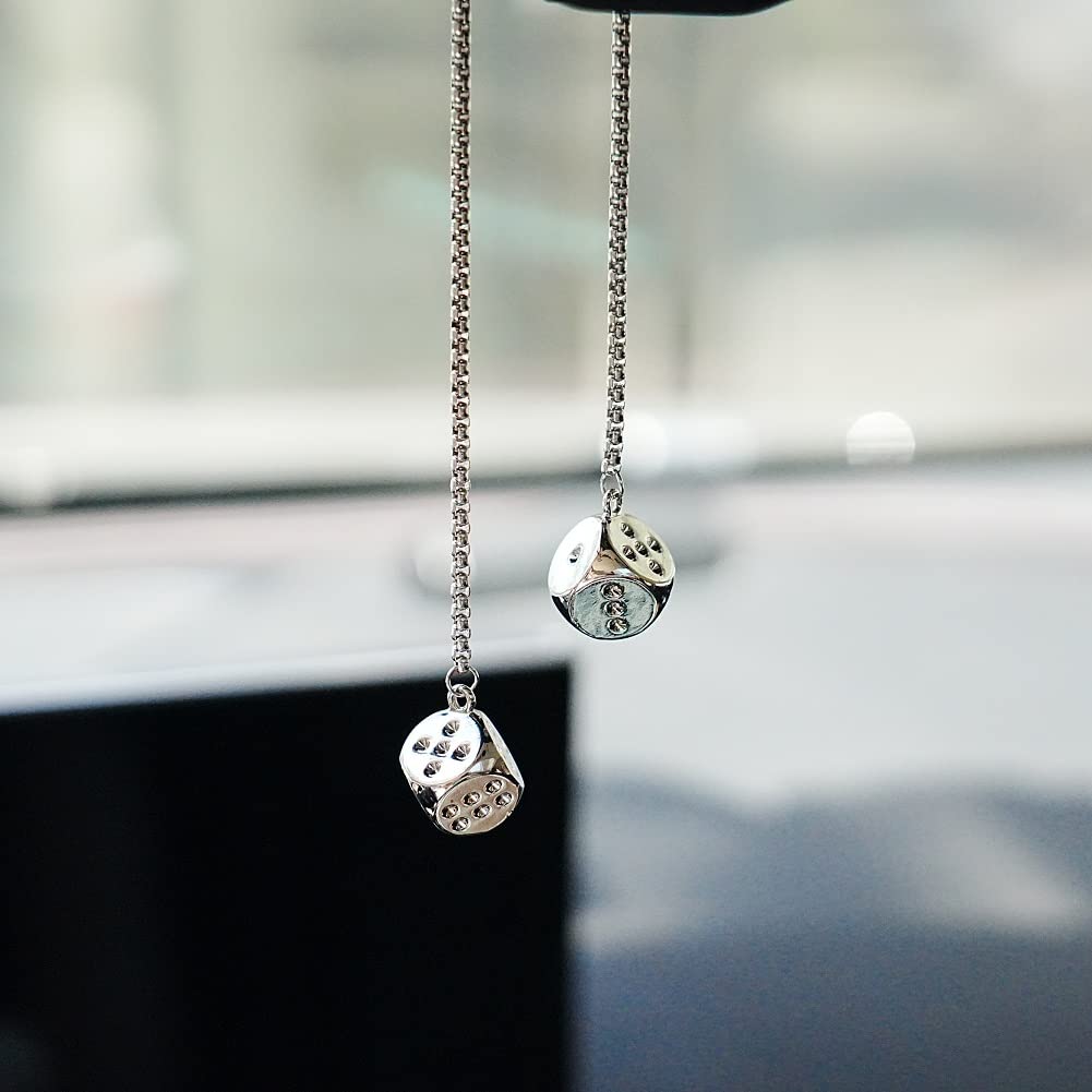 Amioro Creative Hanging Dice With Dots Car Metal Pendant Rear View Mirrors Charms Ornament (Silver)