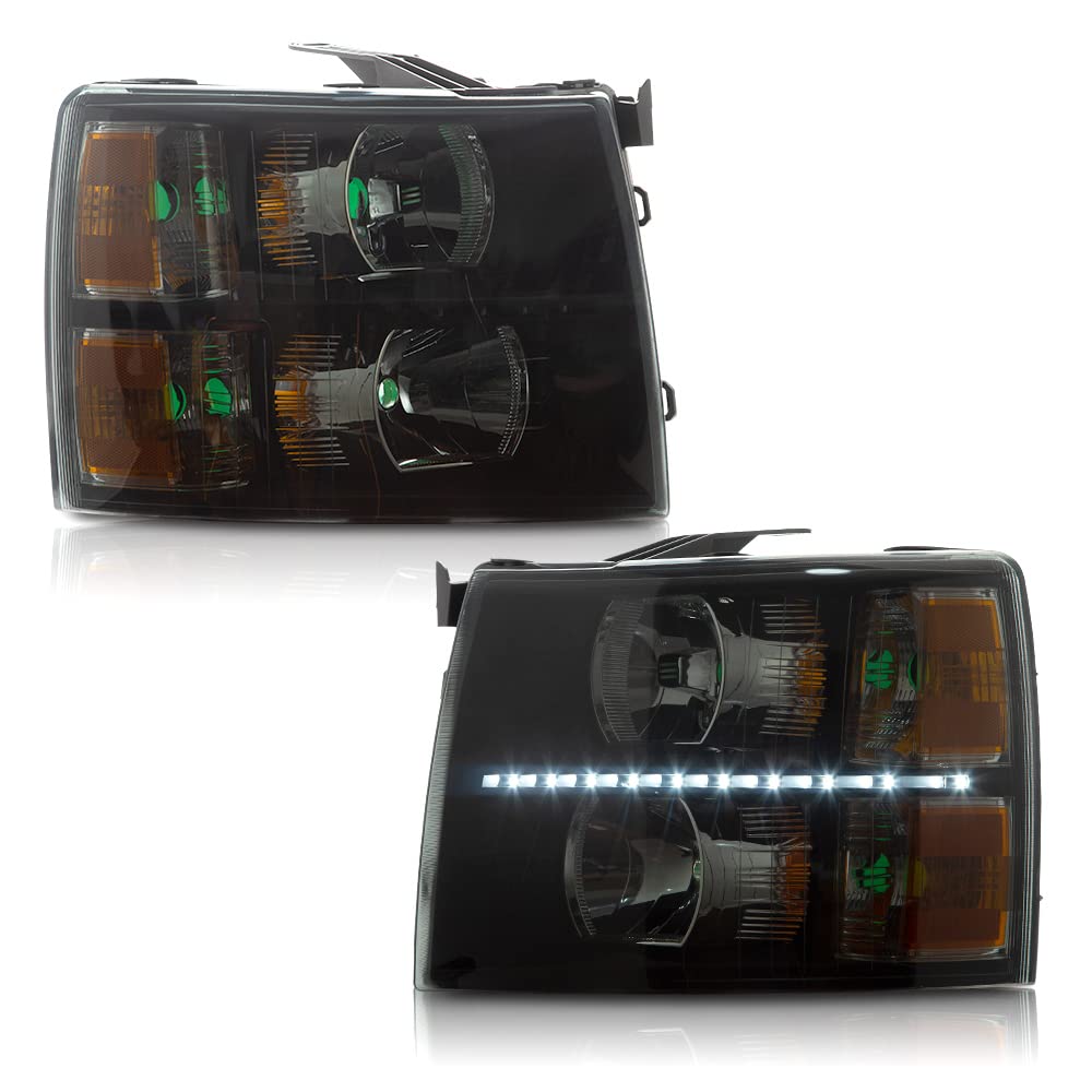 Pit66 Led Strip Headlight, Compatible With 07-13 Chevy Silverado 1500 2500 3500 & Hd(For 2500Hd/3500Hd, Fit 2007 New Body & 2014 Old Body Style) Smoky Lens Black Housing Amber Corner