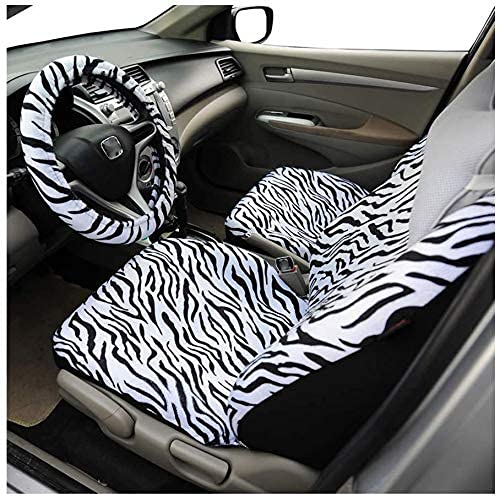 Autofan Zebra Car Seat Covers For Full Set With 2 Seat Belt Pads & Universal 15 Inch Steering Wheel Cover Fit For Cars, Trucks,