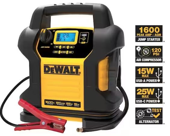 Dewalt Dxaej14-Type3 Digital Portable Power Station Jump Starter - 1600 Peak Amps With 120 Psi Compressor, Ac Charging Cube, 15W