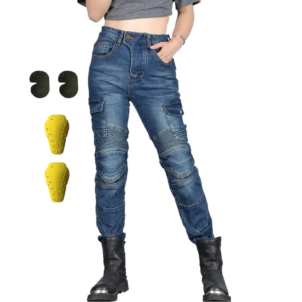 WILLIAMHUA Women Moto Jeans Motorcycle Pants Motorbike Biker Trousers with Protector (US, Waist Inseam, 34, 32, Blue)