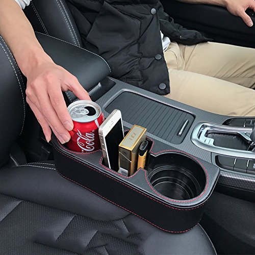 Iokone Coin Side Pocket Console Side Pocket Leather Cover Car Cup Holder Auto Front Seat Organizer Cell Mobile Phone Holder (Bla