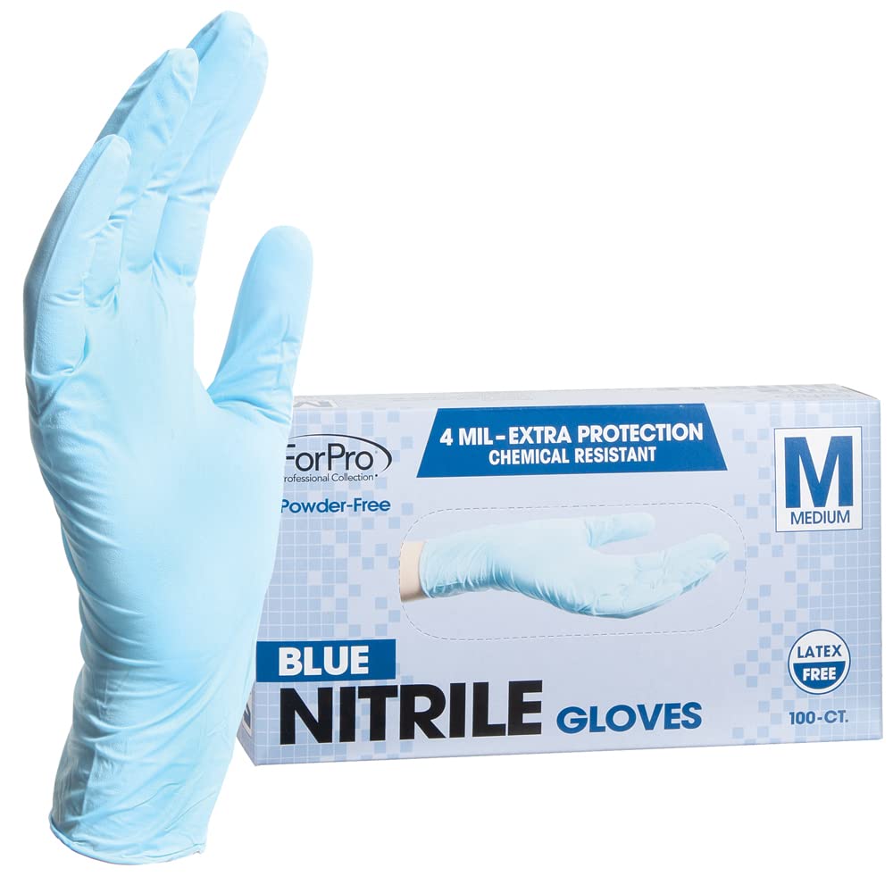 Forpro Disposable Nitrile Gloves, Chemical Resistant, Powder-Free, Latex-Free, Non-Sterile, Food Safe, 4 Mil, Blue, Medium, 100-Count