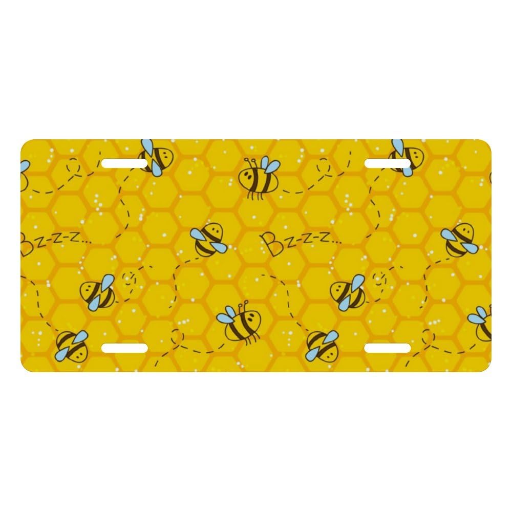 Muishi Cute Bee Honeycomb Decorative License Plate, Vanity Tag, Metal License Plate, Aluminum Novelty License Plate Home Decor f