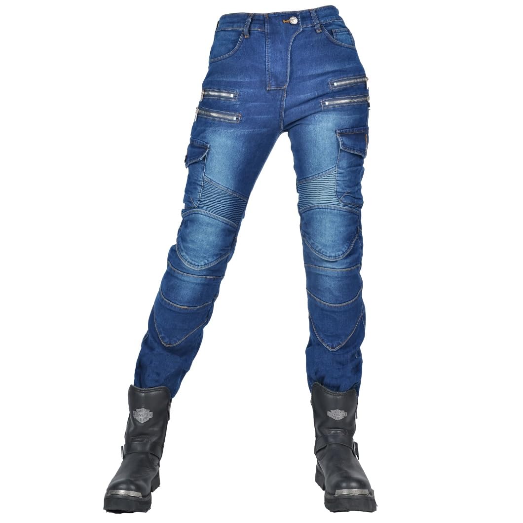 WILLIAMHUA Women Moto Jeans Motorcycle Pants Motorbike Biker Trousers with Protector (US, Waist Inseam, 26, 30, Blue-Zip)