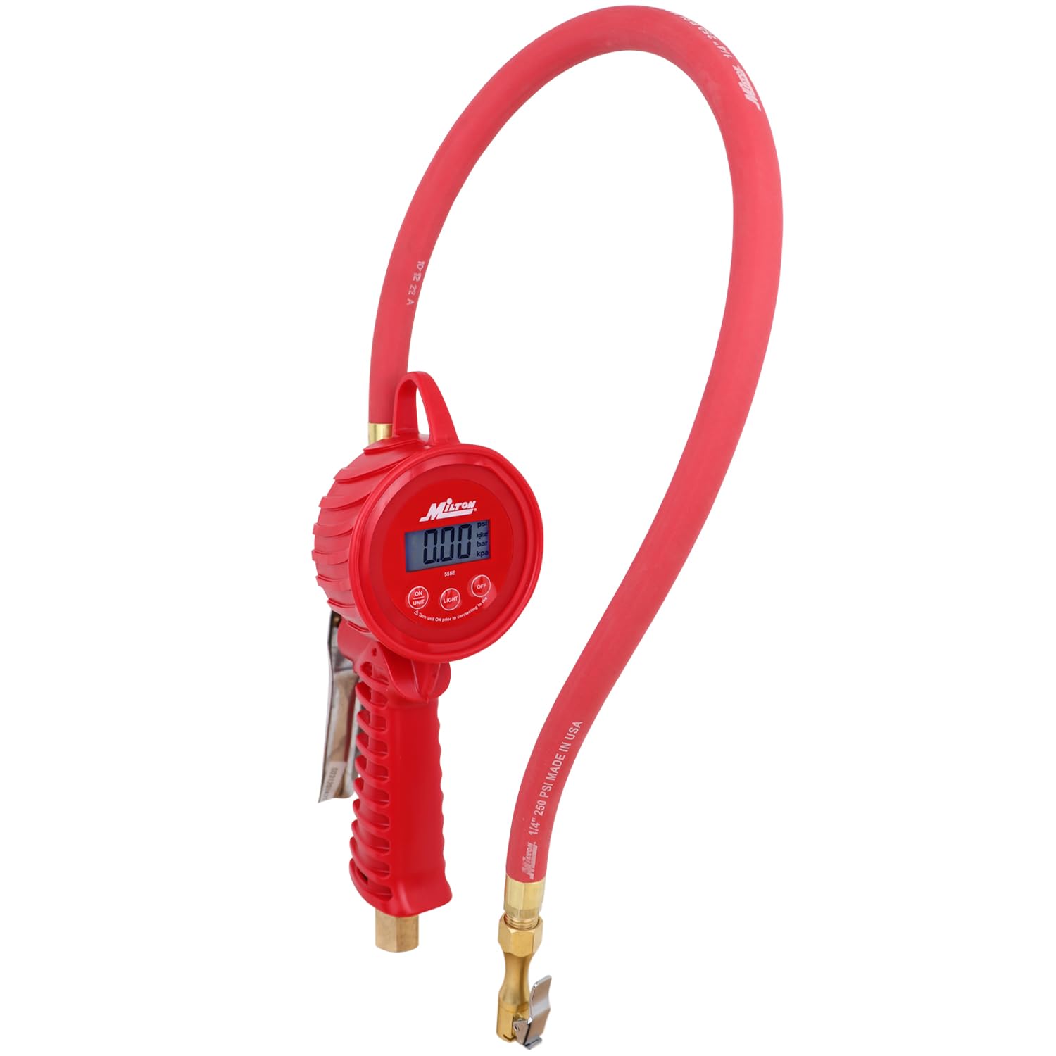Milton Pneumatic Tool 555e Digital Tire Inflator Gauge with Hose, Used on Multiple Vehicle Types, Measures in PSI, BAR, kPa, kg/