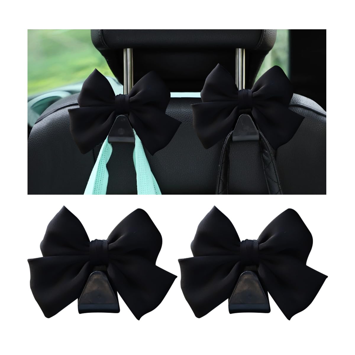 Mandark 2Pcs Car Seat Headrest Hooks, Cute Bow Vehicle Hooks For Purses And Bags, Automotive Purse Hook Hanger Interior Decorati