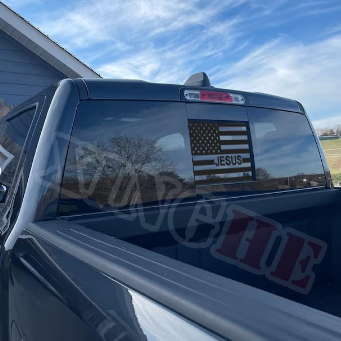 Xinghe For 2019-2025 Chevy Silverado Gmc Sierra, Rear Middle Window Jesus American Flag Decals Stickers, Matte Black Vinyl Stick