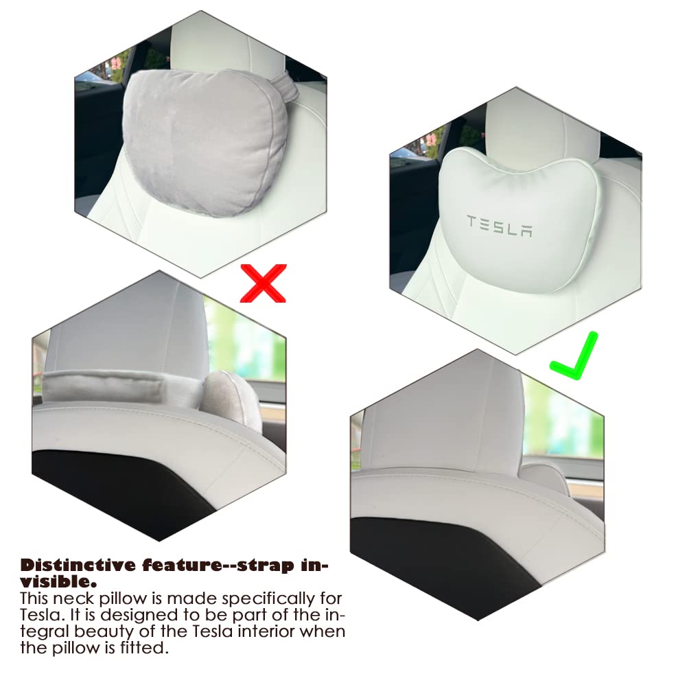 Tanola Tesbeauty Tesla Seat Headrest Pillow 2 Packs Tesla Neck Pillow Uniquely Designed For Tesla Model Y/3 Neck Support Cushion Genuine Nappa Leather Invisible Strap White
