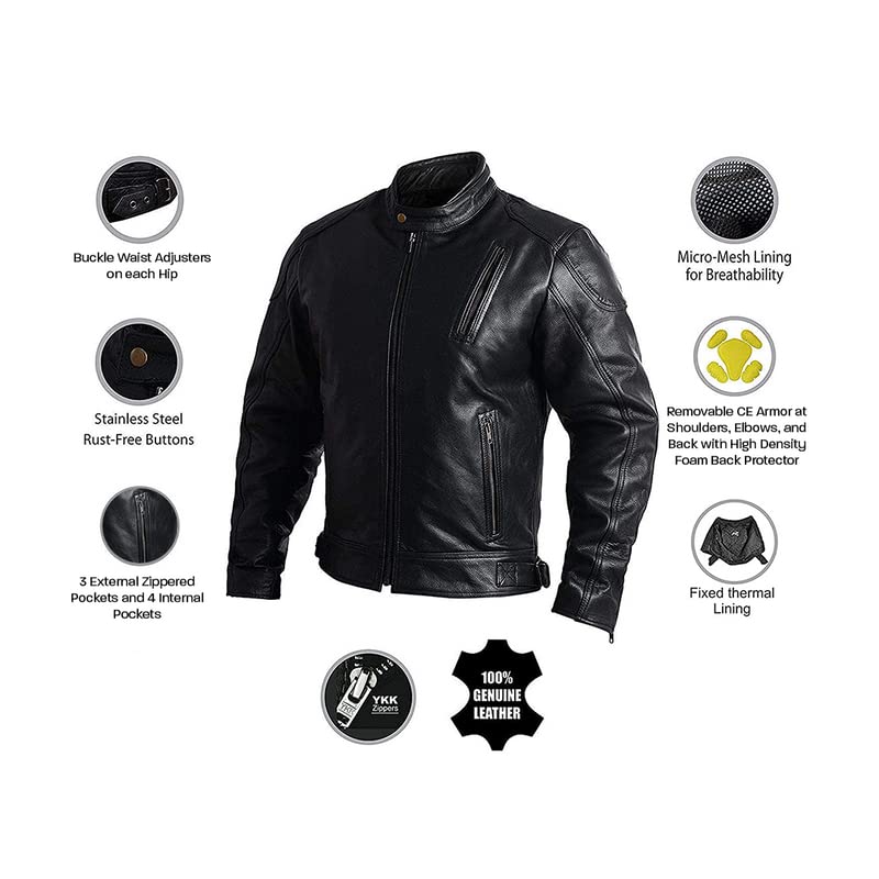 Hwk Leather Motorcycle Jacket With Armor For Men, Cafe Racer Genuine Leather Jacket For Weather Resistant Enduro Motocross, Motorbike Riding, Easy Adjust Men'S Motorcycle Jacket, Xx-Large