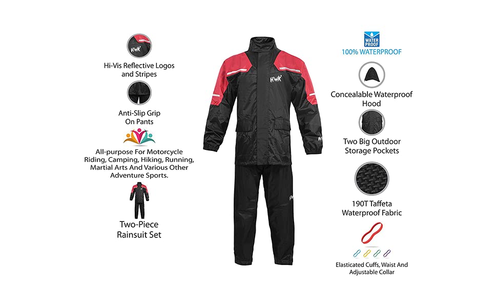 Hwk Motorcycle Rain Suit For Men And Women, Two-Piece Waterproof Motorcycle Rain Gear With Reflective Rain Jacket And Rain Pants
