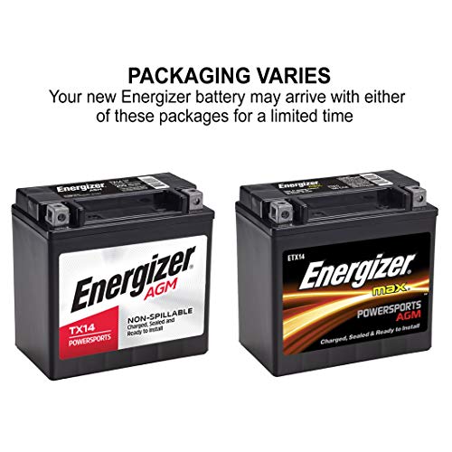 Energizer TX14 AGM 12V Motorcycle & ATV Battery - 200 CCA, 12 Ahr, Black - Replaces YTX14-BS & More