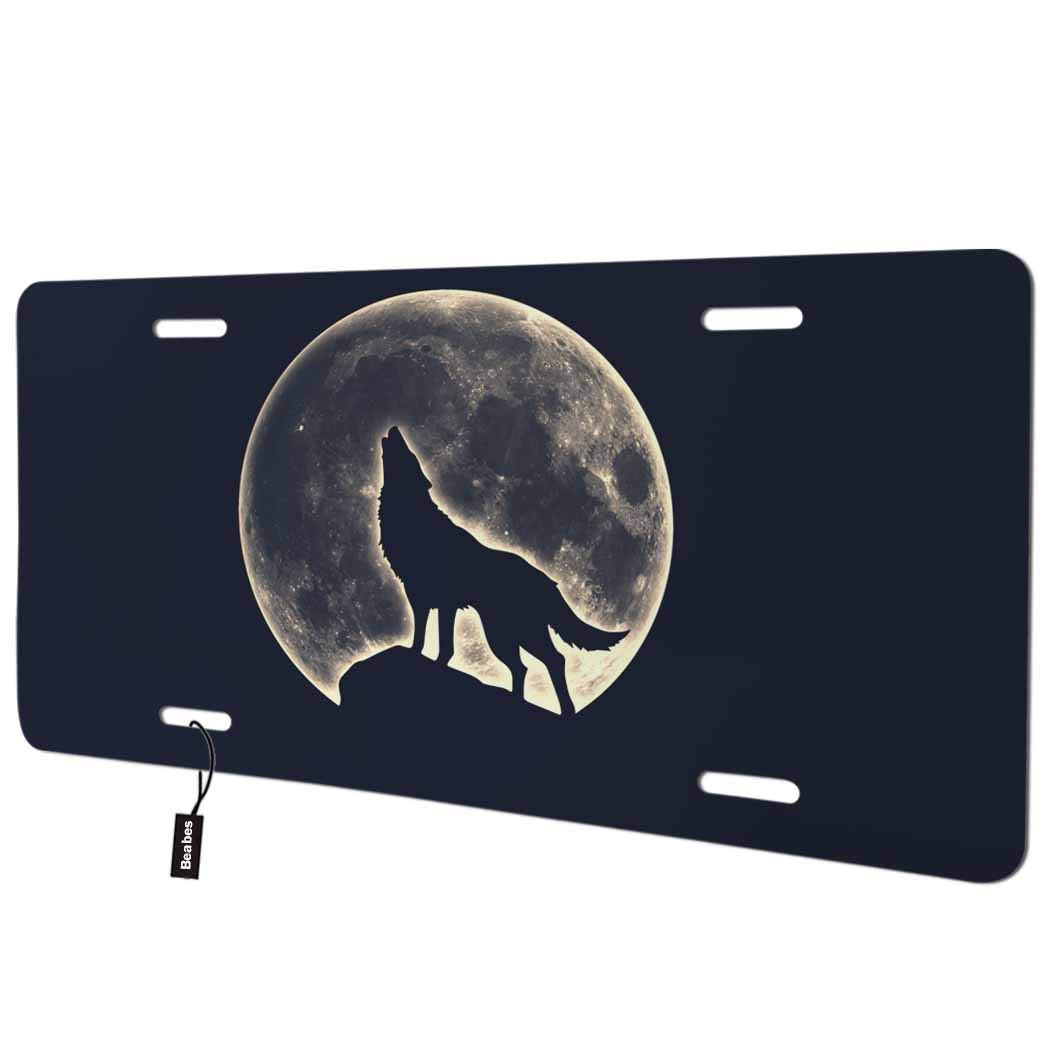 Beabes Night Wolf And Full Moon Front License Plate Cover,Dangerous Wild Animal Howling At The Night Sky Decorative License Plat