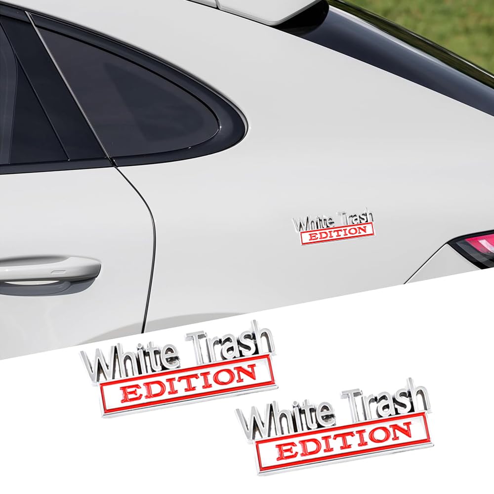 Carrun 2 Pcs White Trash Edition Emblem Front Hood Trunk Door Fender Bumper Metal Badge 3D Decal Sticker Fit For F-150 F250 F350