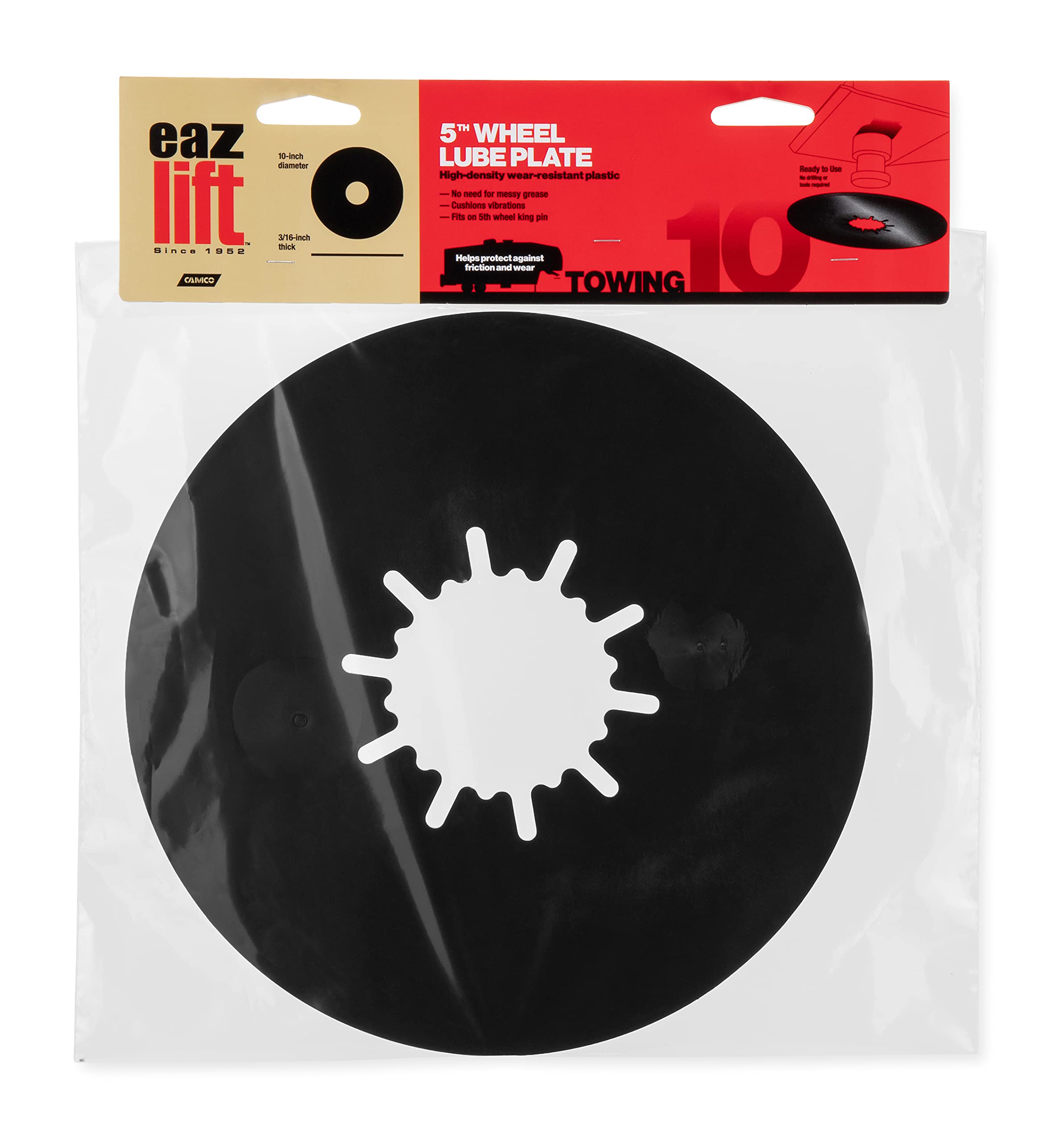 Camco Eaz-Lift 10” Camper/Rv 5Th Wheel Lube Plate - Features No Tool Installation & Protects 5Th Wheel Trailer Against Friction And Wear - Crafted W/ Wear-Resistant Plastic (44668)