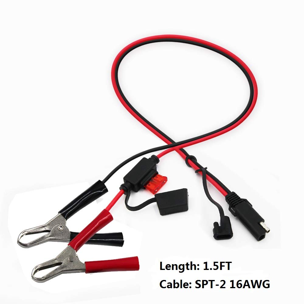 Sparking 1.5Ft 12V Battery Alligator Clip To Sae 2Pin Quick Disconnect Cable Sae To Battery Clamp Cable 7.5A Fuse(1 Pack)