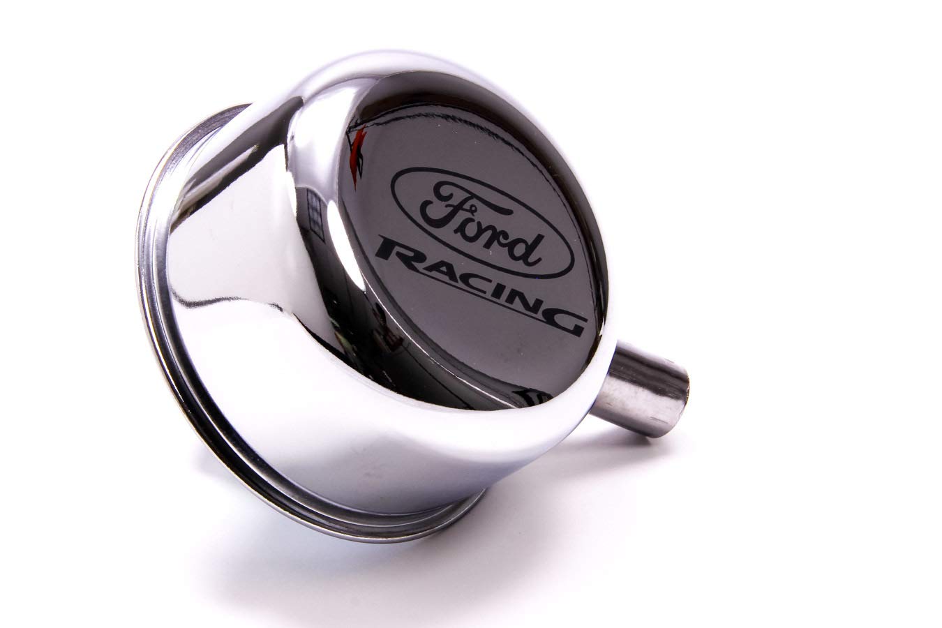 FordBreather, Push-In, Round, 1-1/4 in Hole, 3/8 in Hose Evacuation Fitting, Ford Racing Logo, Steel, Chrome, Each
