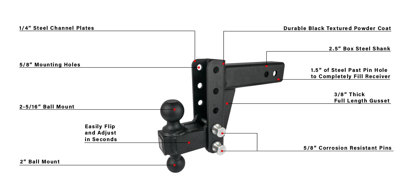 Bulletproof Hitches 2.5'' Adjustable Medium Duty (14,000Lb Rating) 4'' Drop/Rise Trailer Hitch With 2'' And 2 5/16'' Dual Ball (