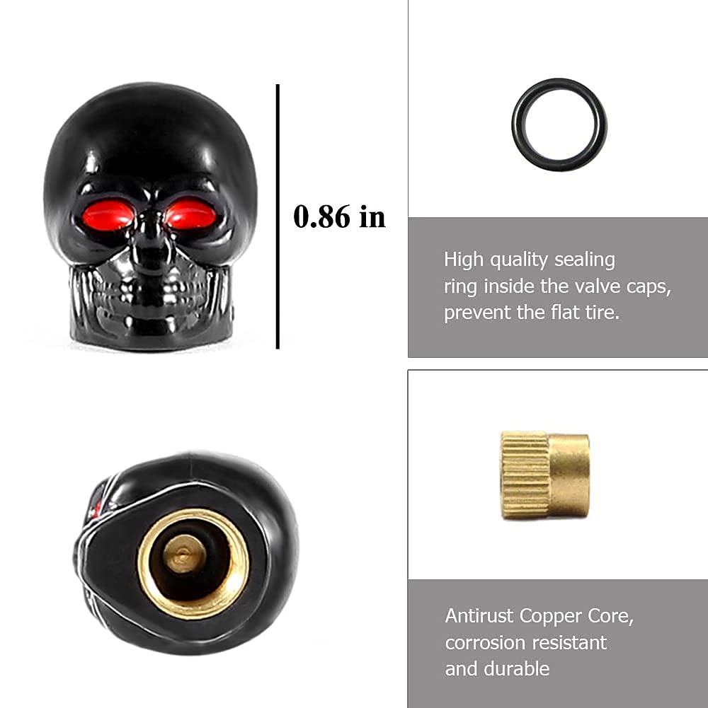 Dsycar Black Skull Style Antirust Copper Core Truck Motorcycle Bike Car Tires Valve Stem Caps , 4Pcs/Box