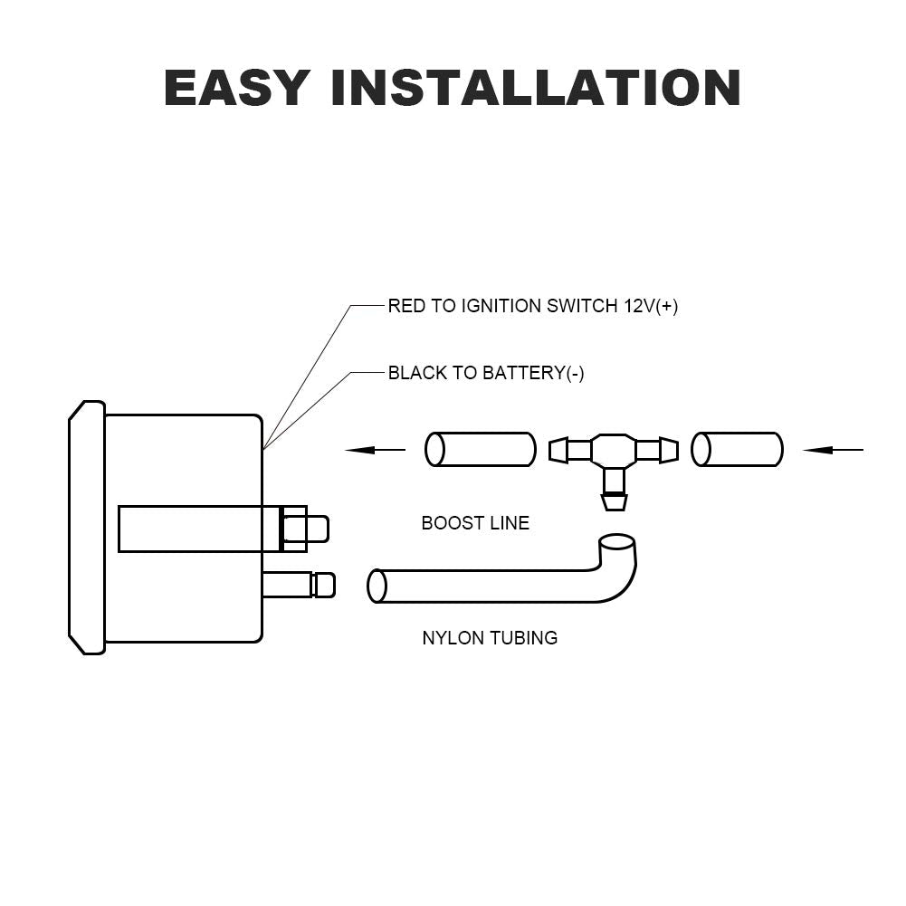 Waterwich 35 Psi Turbo Boost/Vacuum Gauge Meter Kit Includes Mechanical Hose & T-Fitting - Black Dial - Clear Lens 2'' 52Mm 12V