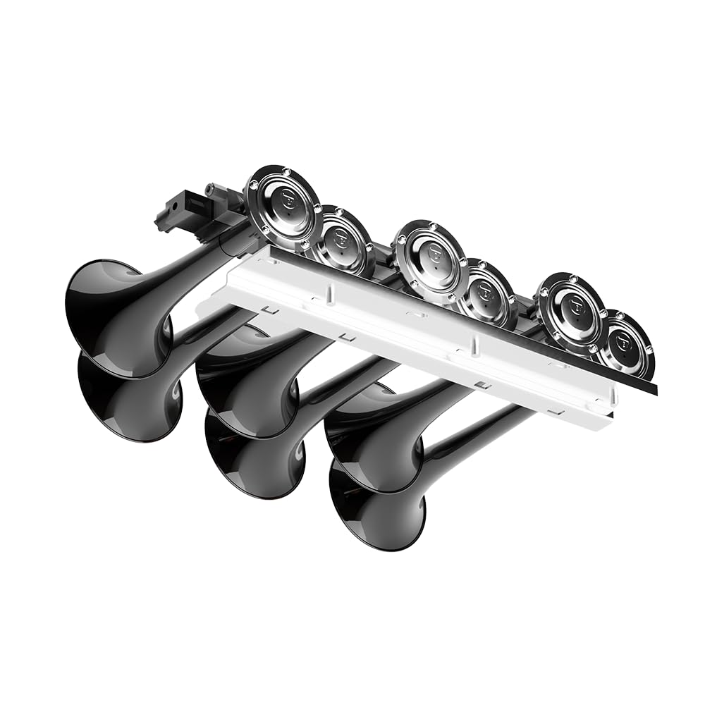 BASURI® Musical Air Horn - 12/24 Volt, 130 DB, Baby Shark 2.0, 6 Trumpets, Black & Yellow, Turbo Controller for Trucks & Buses