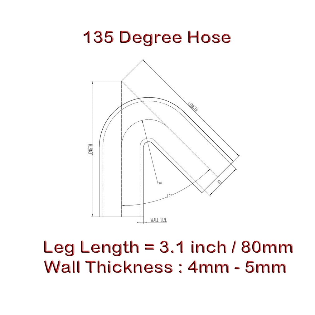Autobahn88 Automotive Silicone Hose Bend, 135-Deg Elbow Coupler, ID=2.75'' (70mm), Leg Length 3.13'' (80mm), Wall Thickness= 0.1