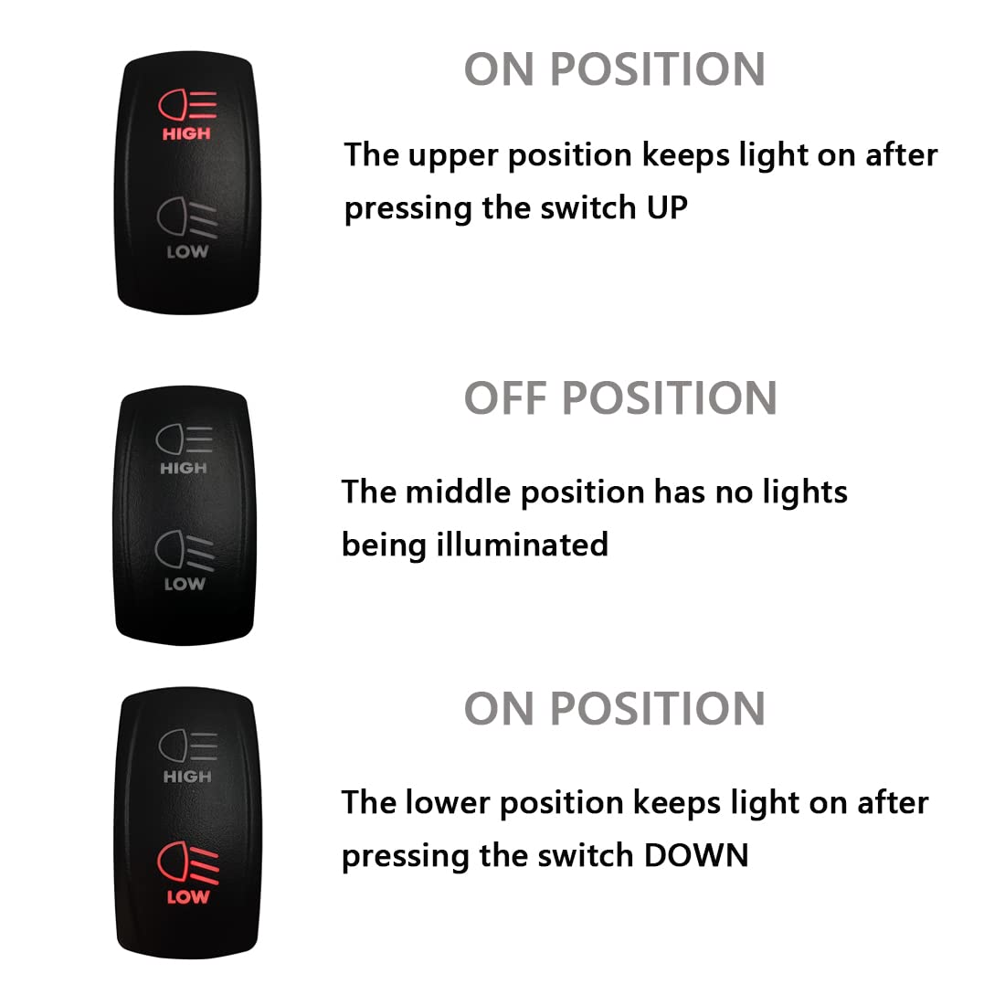 Bacautoparts 12V 24V Red High Low Beam Headlight Rocker Switch With Wires 7Pin On-Off-On Dpdt 3 Way Toggle Switch For Car Truck Can Am Commander Suv Off Road Vehicle Rzr Dash Replacement Switch
