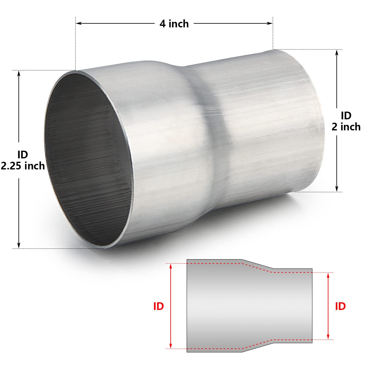 A-Karck Exhaust Adapter Connector 2'' Id To 2.25'' Id, Exhaust Pipe Reducer 4'' Overall Length 304 Stainless Steel
