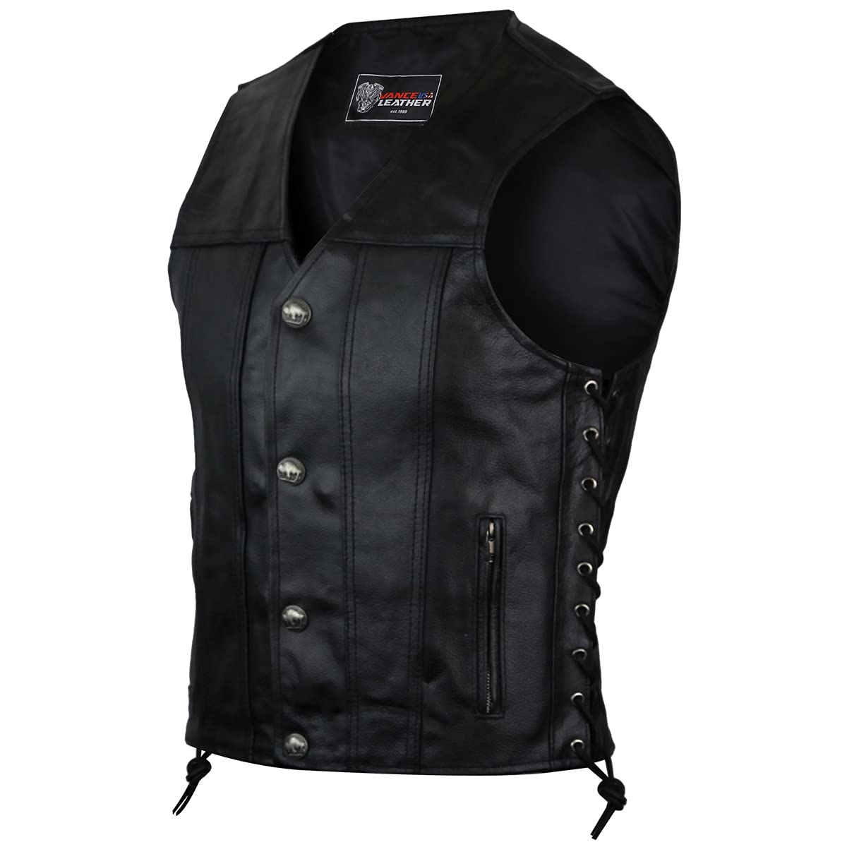 Vance Men'S Black Straight Bottom Leather Motorcycle Vest (M)
