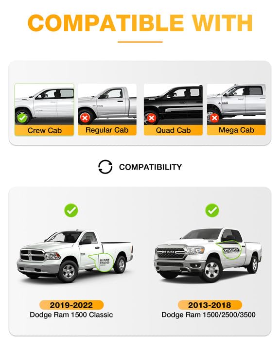 3W Floor Mats Fit For 2013-2018 Dodge Ram 1500/2500/3500 Crew Cab, 2019-2024 Dodge Ram 1500 Classic Crew Cab All Weather Tpe Cus
