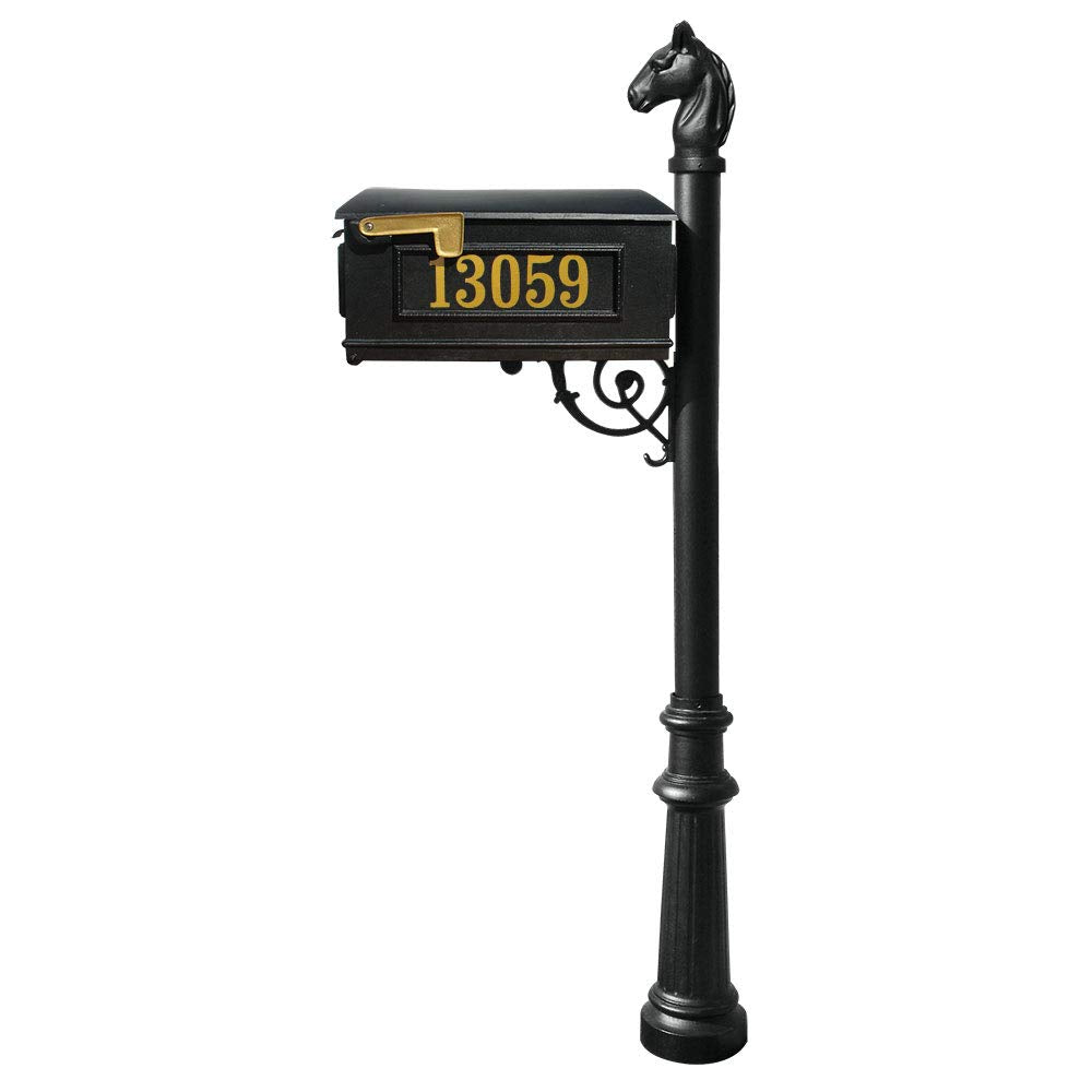 Lewiston Equine Mailbox Post System with Decorative Fluted Base, Horsehead Finial and Gold Vinyl Personalized Numbers, Black