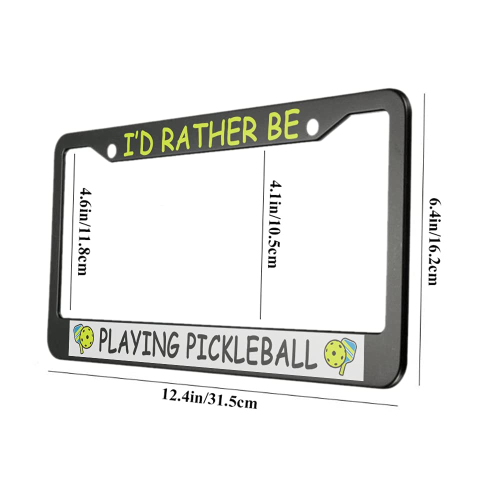 Ofloral I'D Rather Be Playing Pickleball Aluminum Alloy License Plate Frame Green Black Pickle Ball Racket Applicable To Us Stan