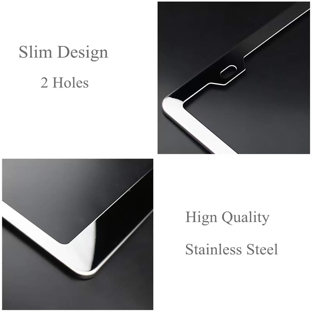 Flamax Mirror Polished Stainless Steel License Plate Frame Metal License Plate Cover License Plate Holder 2 Pcs, Gloss Silver License Plate Frames With Chrome Screw Caps & 2 Holes, Rust-Proof
