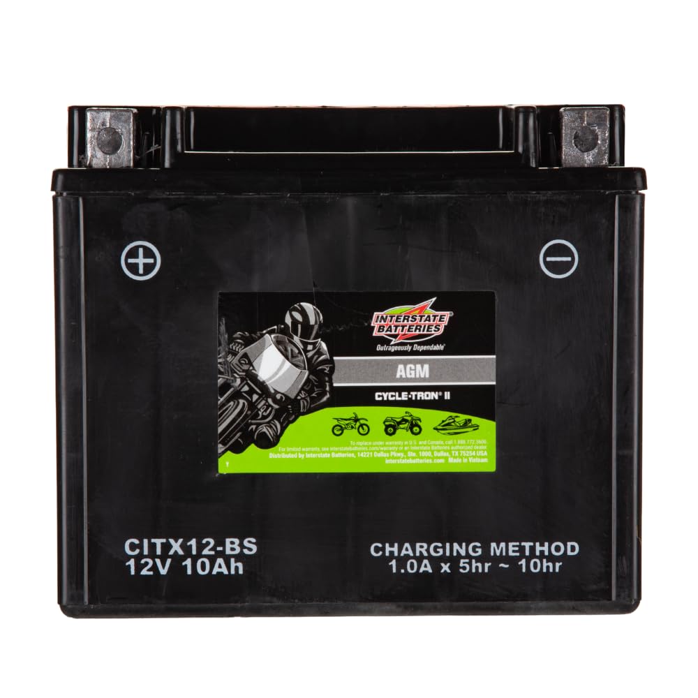 Interstate Batteries Ytx12-Bs 12V 10Ah Powersports Battery 175Cca Agm Rechargeable Replacement For Honda, Kawasaki, Suzuki Motor