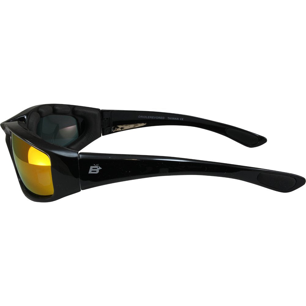 Birdz Eyewear Oriole Padded Motorcycle Riding Sunglasses Gloss Black Frame With Red G-Tech Reflective Lenses