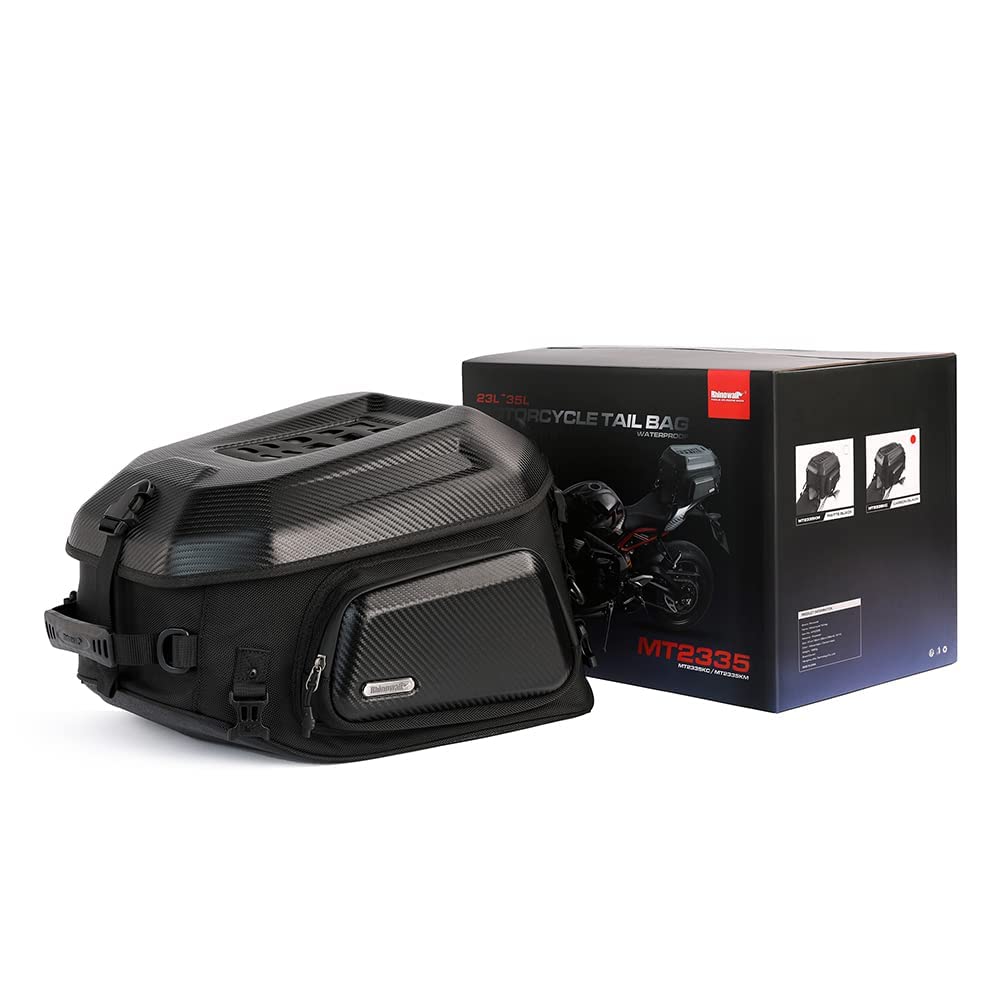 Rhinowalk Motorcycle Travel Luggage, Expandable Motorcycle Tail Bag 35L,Waterproof All Weather/Trunk/Rack Bag With Sissy Bar Straps-Carbon Black