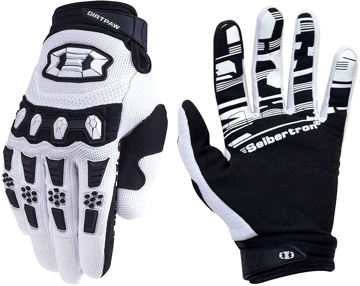 Seibertron Dirtpaw Unisex Mx Atv Mtb Racing Gloves - Full Finger Touchscreen Glove For Bicycle Cycling Mountain Biking Motorcycle And Motocross White M