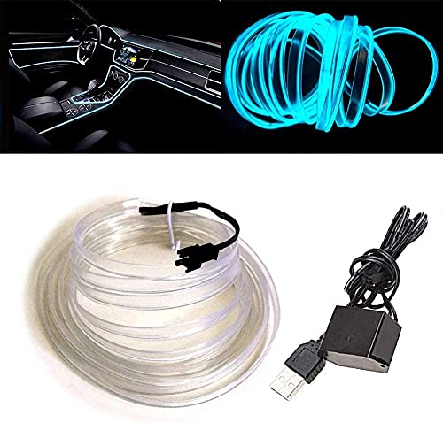 Automaze Usb El Wire, 5M Neon Lights 5V With Fuse Protection For Automotive Car Interior Decoration With 6Mm Sewing Edge (Ice Bl