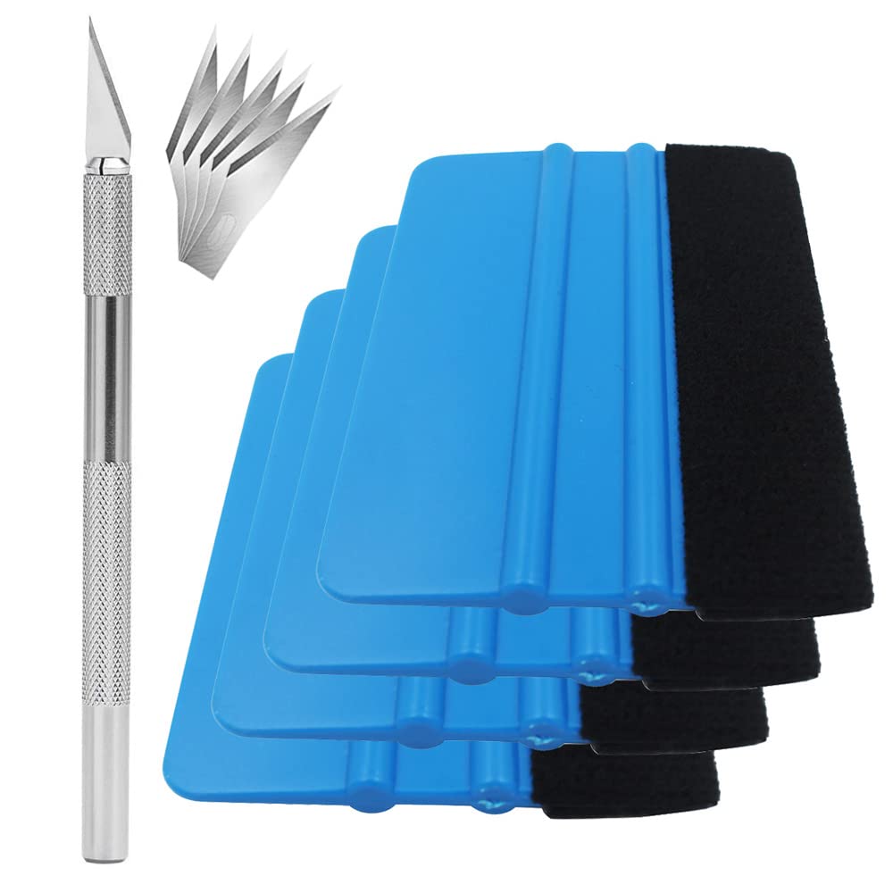 Gebildet 4Pcs Felt Edge Squeegee, 4 Inch Squeegee For Car Vinyl Film Wrapping Decal Window Tint Work + 1Pc Craft Trim Knife & Re