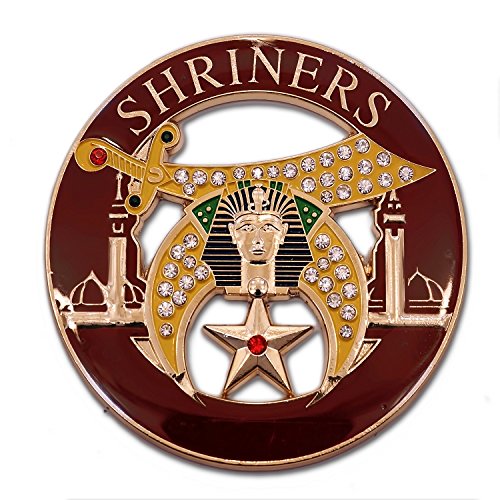 Shriner Rhinestone Round Masonic Auto Emblem - [Burgundy & Gold][3'' Diameter]
