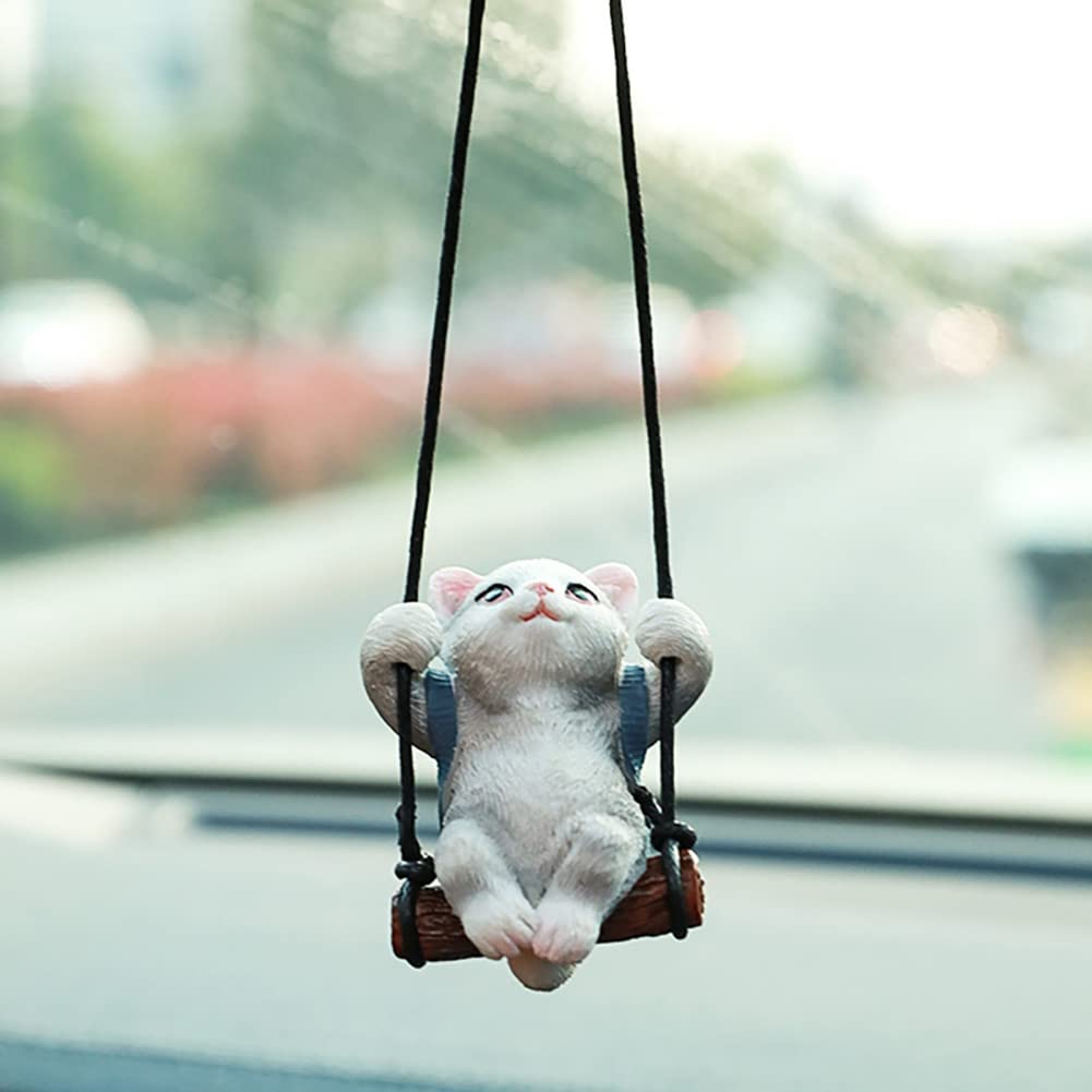 Amioro Cute Swinging Cat Car Mirror Hanging Accessories Fun Interior Rearview Mirrors Decoration (Gray Cat)