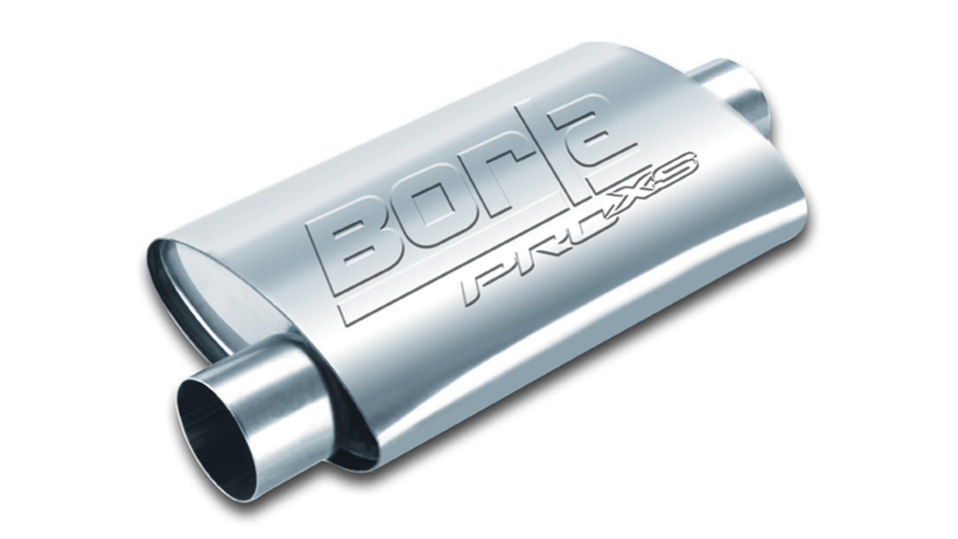 Borla 40665 Proxs Universal Muffler 2.5 Offet Inlet / 2.5 Center Outlet 4 X 9.5 Oval X 19 Long Body 24 Overall Length Un-Notched Necks Reversible Design T-304 Stainless Steel Universal