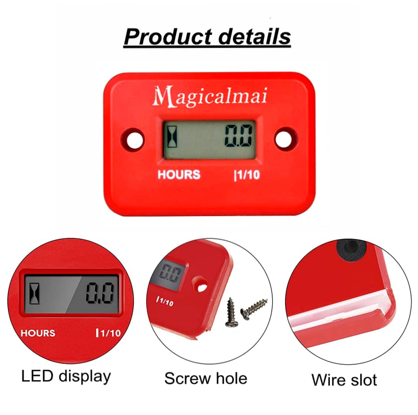 Magicalmai Inductive Hour Meter For Gas Engine Generator Lawn Mower Pressure Washer Marine Atv Boat Outboard Motor Dirt Bike Motorcycle Waterproof Hr Meters - Red