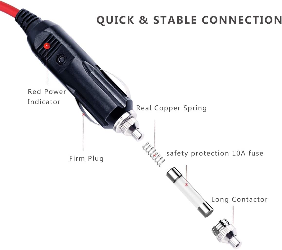 Kuncan Male Cigarette Lighter To O Ring Terminal Harness Extension Cable - 12V-24V Power Supply Cord Adapter Fuse 15A 16Awg Cabl
