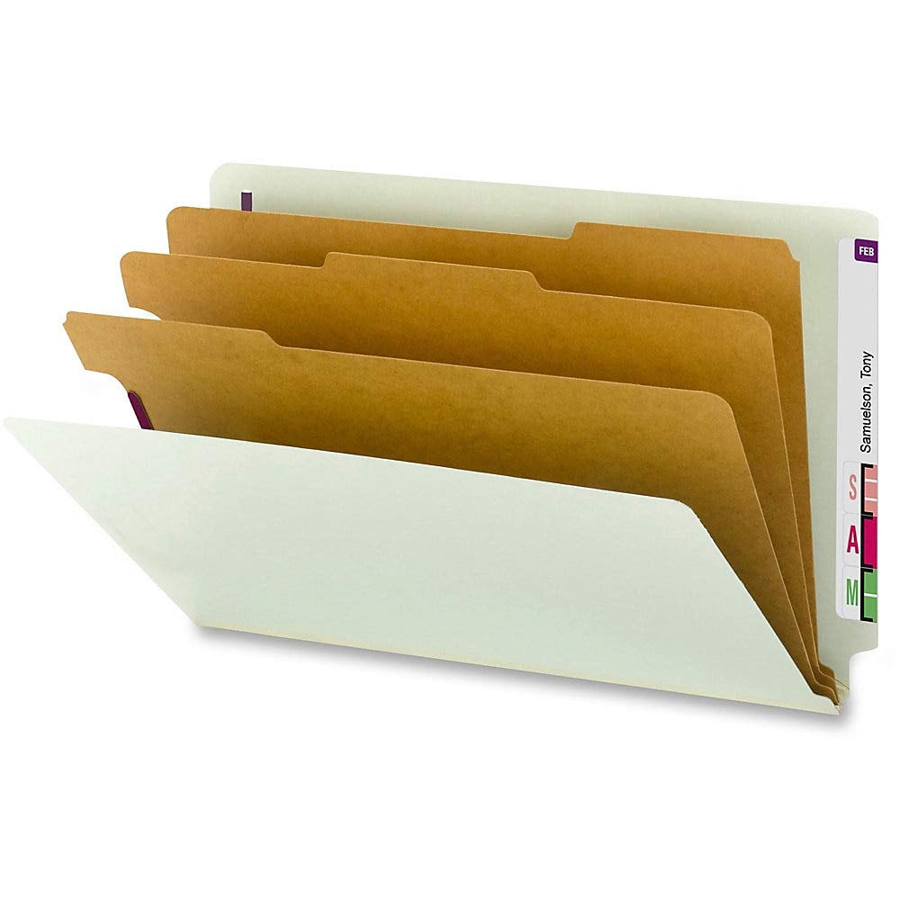 Smead 100% Recycled End Tab Pressboard Classification File Folder With Safeshield Fasteners, 3 Dividers, 3'' Expansion, Legal Si